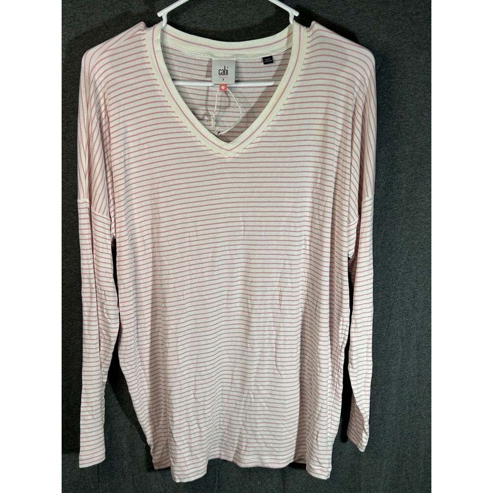 Cabi Striped V-Neck Long Sleeve‎ Top Small Pink White Soft Knit Casual